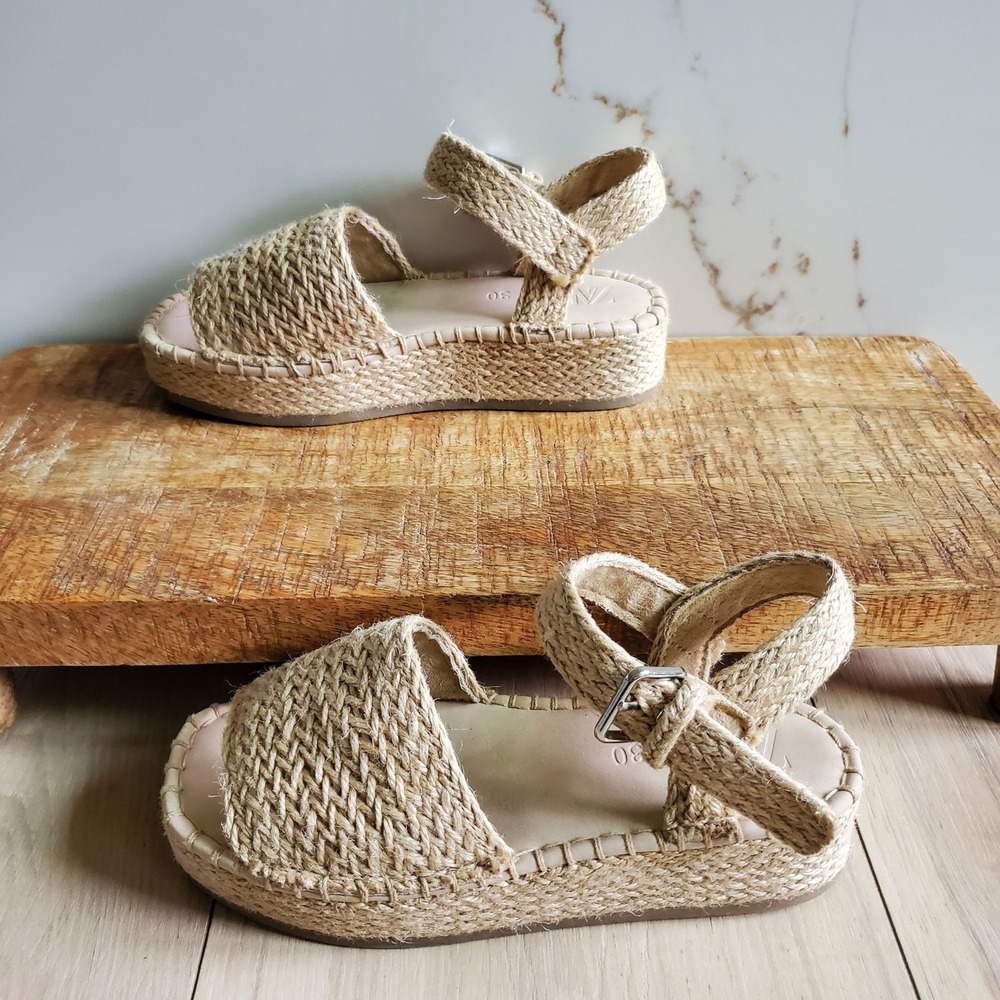 Zara Sandals Girls 12 Beige Espadrille Woven Platform Ankle Strap Summer